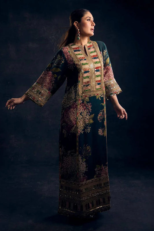 BrandsInn-2PC SHAMOZE SILK PRINTED EMBROIDERED SHIRT & PRINTED EMB SLEEVES-BI-1734