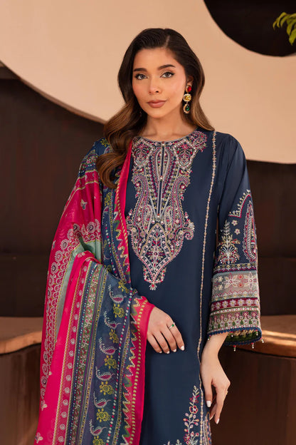 BrandsInn-3PC DHANAK SEQUENCE EMBROIDERED SHIRT WITH COUTRAI PRINTED SHAWL & DHANAK EMB TOUSER--BI-4143