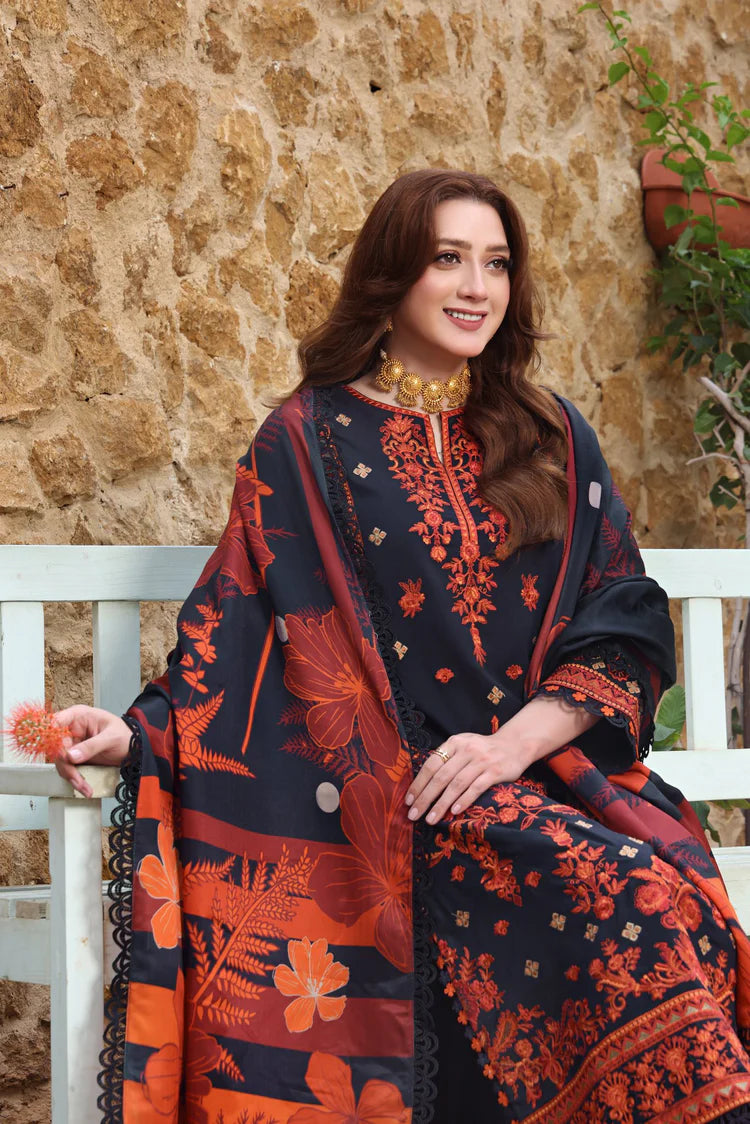 BrandsInn-3PC DHANAK EMBROIDRED SHIRT WITH COURTRAI PRINTED SHAWL AND TROUSER-BI-