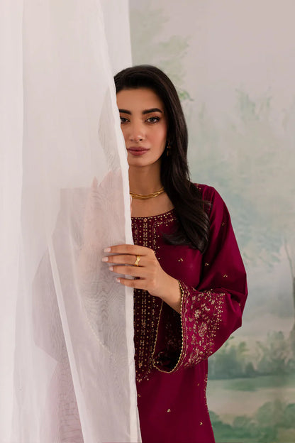 BrandsInn-3PC DHANAK EMBROIDERED SHIRT WITH CHIFFON EMBROIDERED DUPATTA AND TROUSER BI-4198