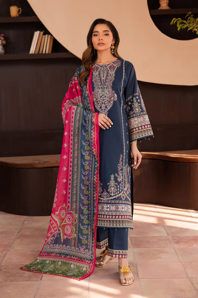 BrandsInn-3PC DHANAK SEQUENCE EMBROIDERED SHIRT WITH COUTRAI PRINTED SHAWL & DHANAK EMB TOUSER--BI-4143