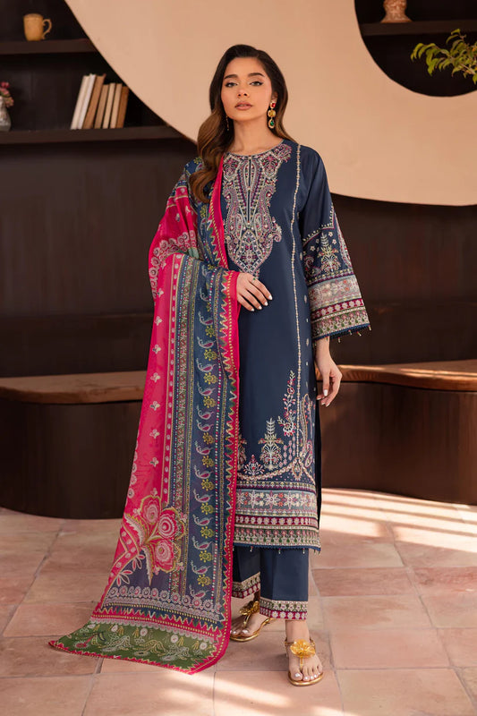 BrandsInn-3PC DHANAK SEQUENCE EMBROIDERED SHIRT WITH COUTRAI PRINTED SHAWL & DHANAK EMB TOUSER--BI-4143