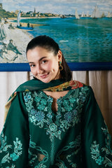 BrandsInn-3PC DHANAK CHIKAN EMBROIDERED SHIRT WITH COUTRAI PRINTED SHAWL AND TROUSER-BI-5300