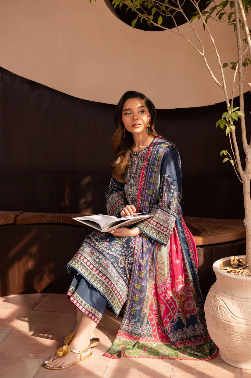 BrandsInn-3PC DHANAK SEQUENCE EMBROIDERED SHIRT WITH COUTRAI PRINTED SHAWL & DHANAK EMB TOUSER--BI-4143