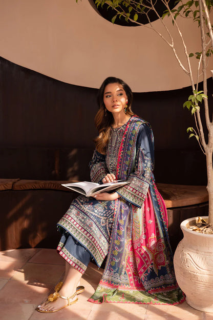 BrandsInn-3PC DHANAK SEQUENCE EMBROIDERED SHIRT WITH COUTRAI PRINTED SHAWL & DHANAK EMB TOUSER--BI-4143