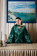 BrandsInn-3PC DHANAK CHIKAN EMBROIDERED SHIRT WITH COUTRAI PRINTED SHAWL AND TROUSER-BI-5300