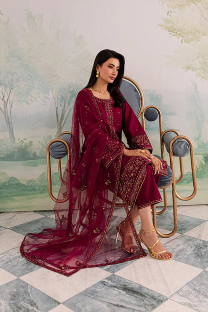 BrandsInn-3PC DHANAK EMBROIDERED SHIRT WITH CHIFFON EMBROIDERED DUPATTA AND TROUSER BI-4198