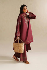 BrandsInn-3PC DHANAK EMBROIDERED SHIRT WITH DHANAK EMBROIDERED SHAWL AND EMB TROUSER -BI-5164