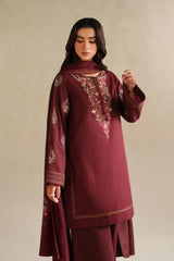BrandsInn-3PC DHANAK EMBROIDERED SHIRT WITH DHANAK EMBROIDERED SHAWL AND EMB TROUSER -BI-5164
