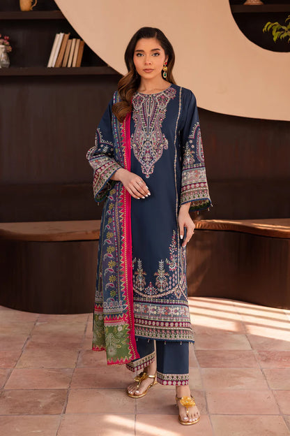 BrandsInn-3PC DHANAK SEQUENCE EMBROIDERED SHIRT WITH COUTRAI PRINTED SHAWL & DHANAK EMB TOUSER--BI-4143