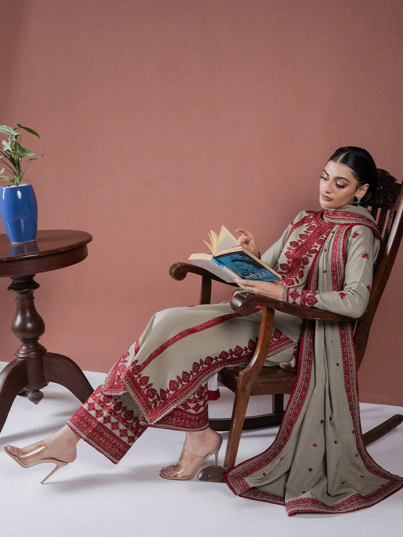 BrandsInn-3PC DHANAK EMBROIDERED SHIRT WITH DHANAK EMBROIDERED SHAWL AND EMB TROUSER-BI-4173