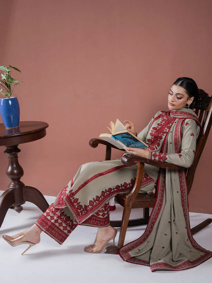 BrandsInn-3PC DHANAK EMBROIDERED SHIRT WITH DHANAK EMBROIDERED SHAWL AND EMB TROUSER-BI-4173