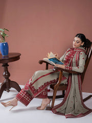 BrandsInn-3PC DHANAK EMBROIDERED SHIRT WITH DHANAK EMBROIDERED SHAWL AND EMB TROUSER-BI-4173