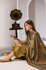 BrandsInn-3PC DHANAK EMBROIDERED SHIRT WITH WOOL PRINTED SHAWL AND TROUSER-BI-5275