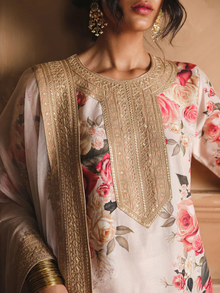 BrandsInn-3PC SHAMOZE SILK PRINTED EMBROIDERED SHIRT WITH SOFT SILK PRINTED EMB DUPATTA & EMB TROUSER BI-1721