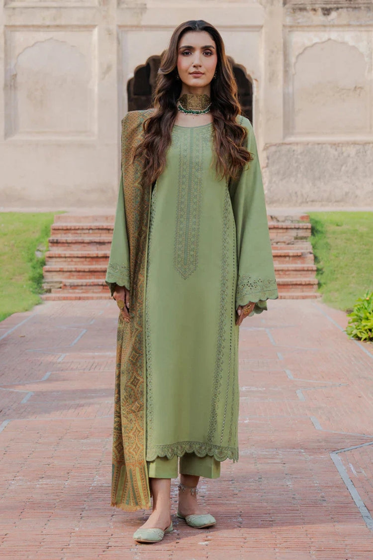 BrandsInn-3PC DHANAK EMBROIDERED SHIRT WITH COURTRAI PRINTED SHAWL & TROUSER-BI-4349