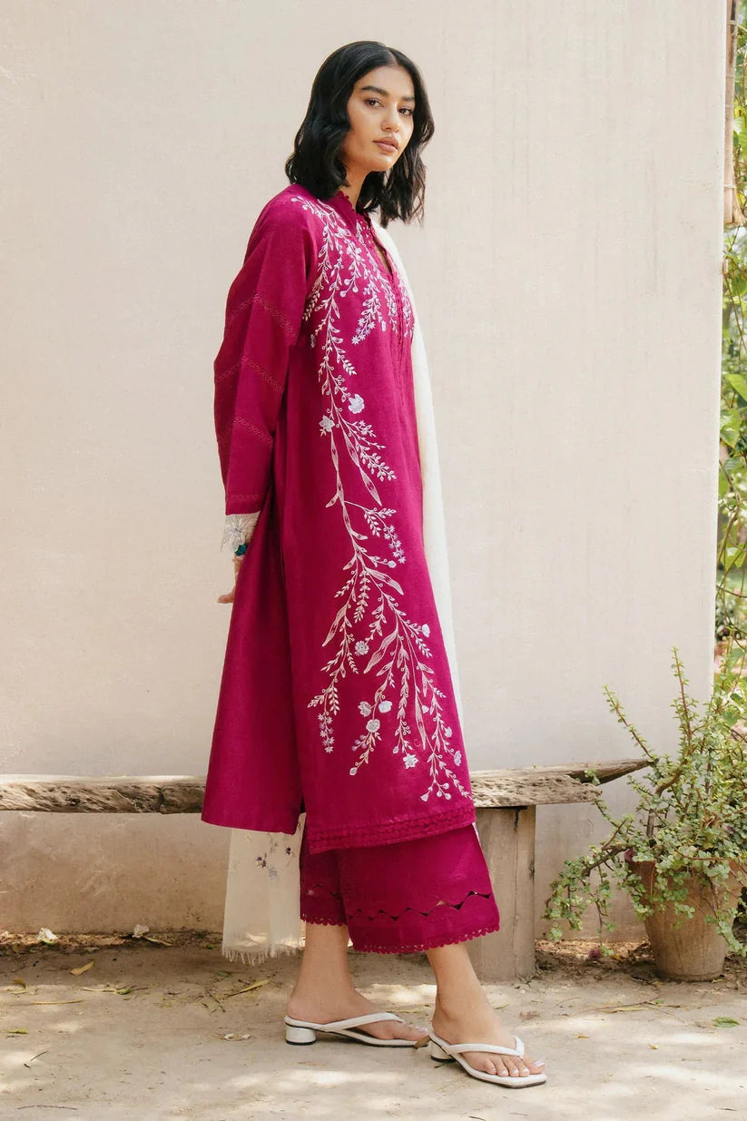 BrandsInn-3PC DHANAK EMBROIDERED SHIRT WITH COTTON NET EMBROIDERED DUPATTA AND TROUSER-BI-4182