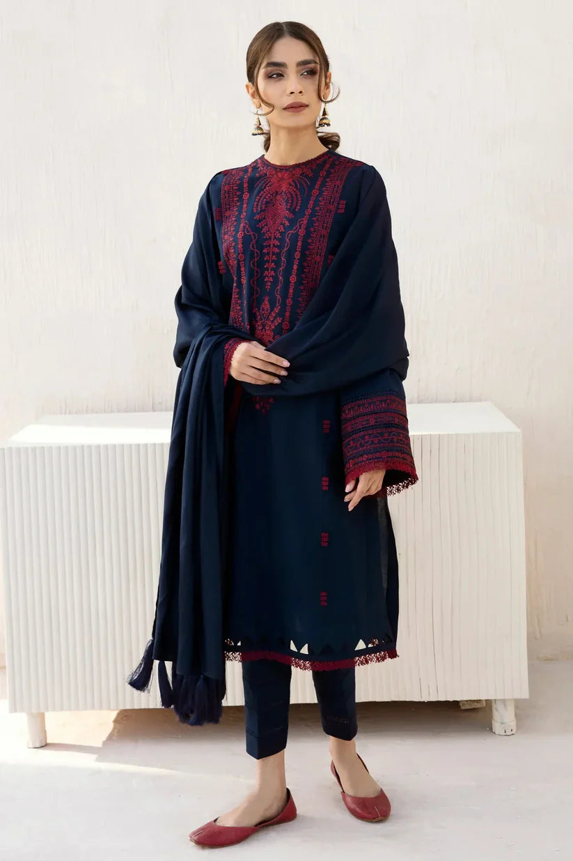 BrandsInn - 3PC DHANAK EMBROIDERED SHIRT WITH DHANAK SHAWL AND TROUSER-BI-4074