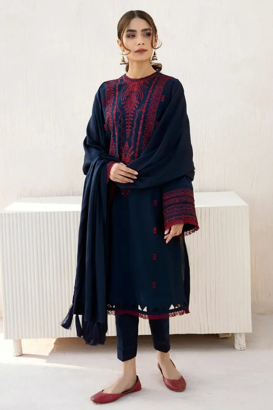 BrandsInn - 3PC DHANAK EMBROIDERED SHIRT WITH DHANAK SHAWL AND TROUSER -BI-4090