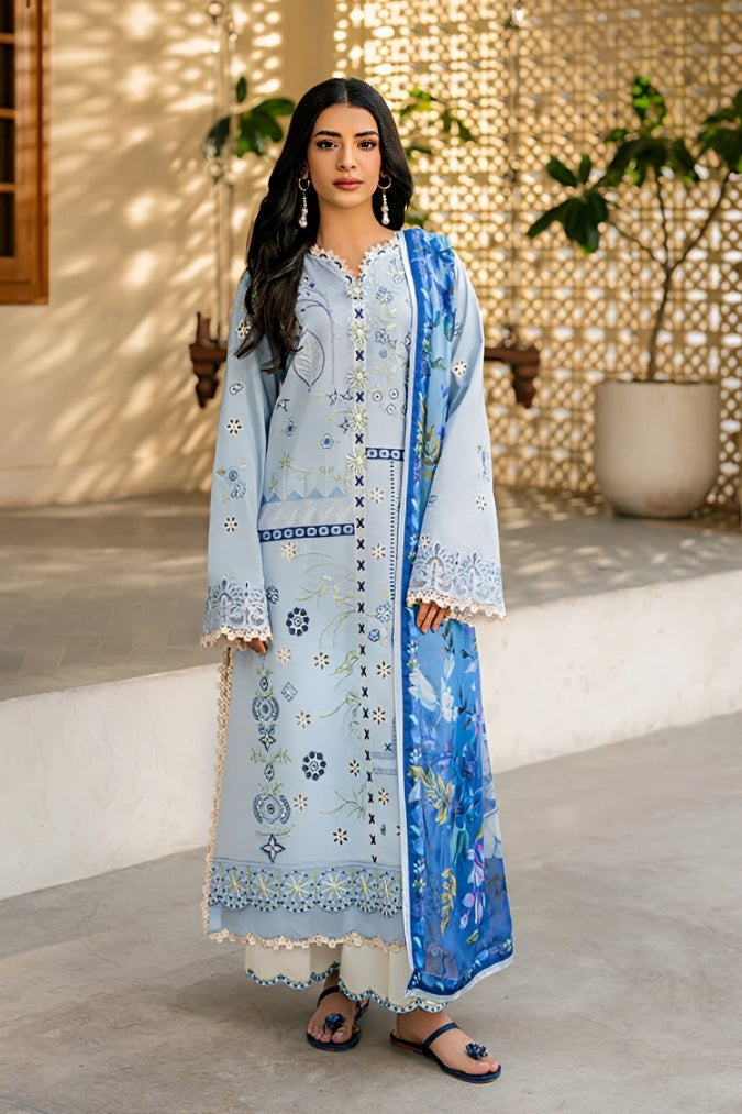 BrandsInn-3PC LAWN EMBROIDERED SHIRT WITH CHIFFON PRINTED DUPATTA AND EMB TROUSER-BI-4717
