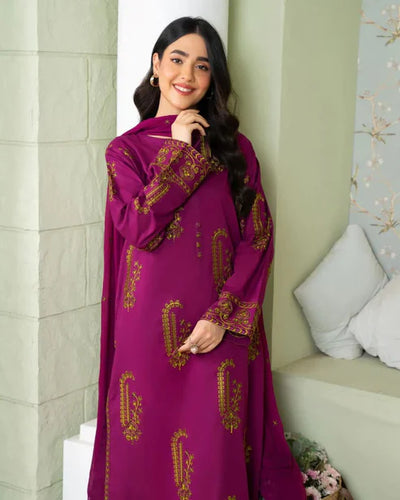 BrandsInn-3PC DHANAK EMBROIDERED SHIRT WITH DHANAK EMBROIDERED SHAWL AND TROUSER-BI-4181