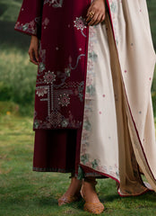 BrandsInn-3PC DHANAK EMBROIDERED SHIRT WITH DHANAK EMBROIDERED SHAWL AND TROUSER-BI-4373