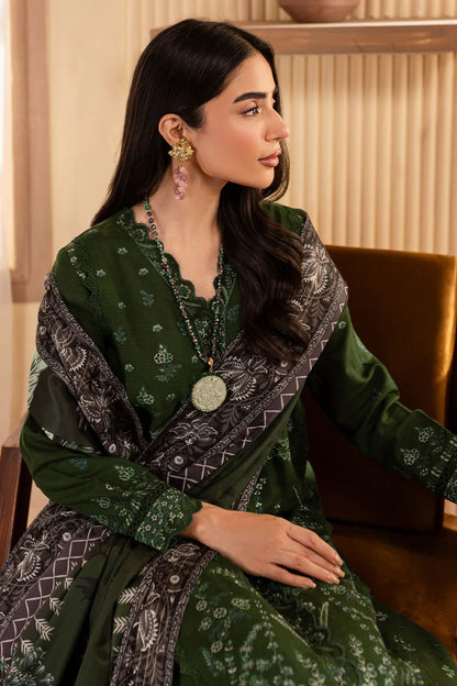 BrandsInn-3PC DHANAK EMBROIDERED SHIRT WITH COURTRAI PRINTED SHAWL & TROUSER-BI-4324