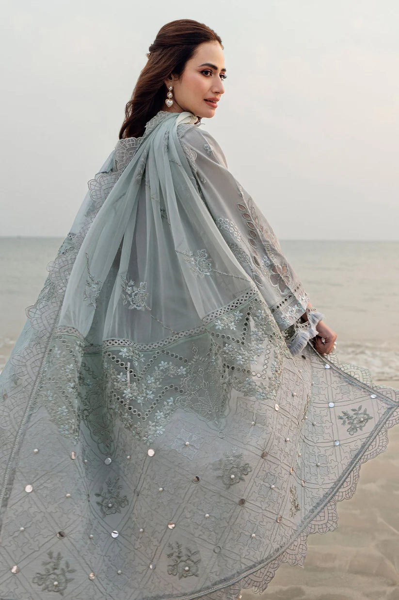 BrandsInn-3PC DHANAK LASER WORK EMBROIDERED SHIRT WITH CHIFFON EMBROIDERED DUPATTA & TROUSER-BI-4214