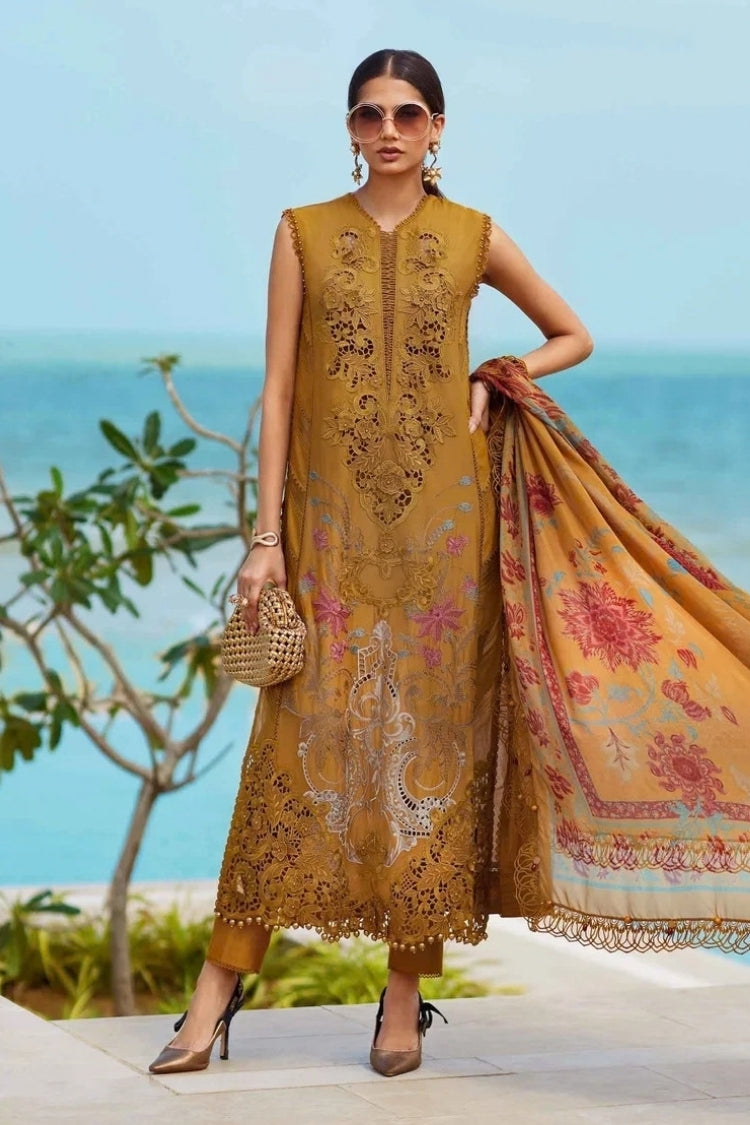 BrandsInn-3PC DHANAK EMBROIDERED SHIRT WITH COUTRAI PRINTED SHAWL AND TROUSER-BI-5216