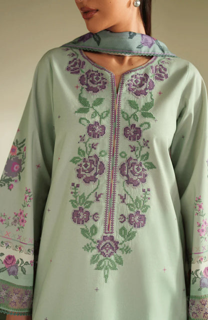 BrandsInn-3PC DHANAK EMBROIDERED SHIRT WITH COURTRAI PRINTED SHAWL & TROUSER-BI-4322