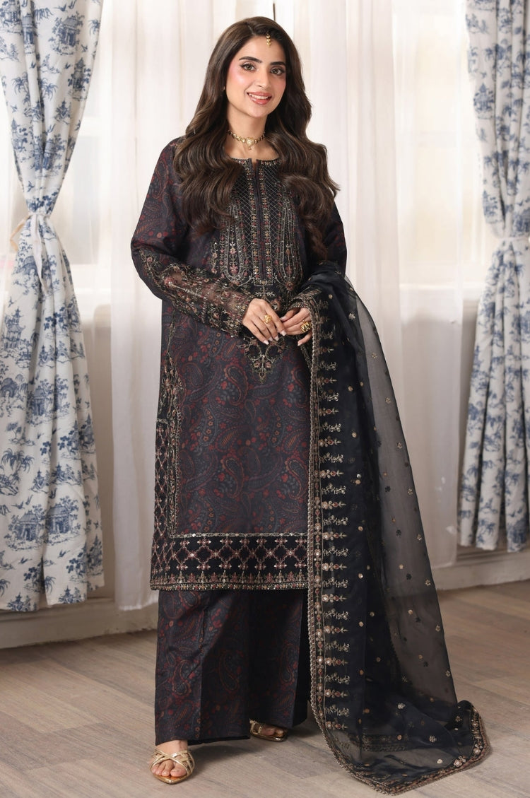 BrandsInn-3PC LAWN PRINTED EMBROIDERED SHIRT WITH ORGANZA EMBROIDERED DUPATTA AND PRINT TROUSER-BI-009