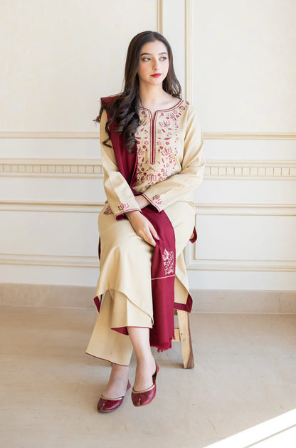 BrandsInn - 3PC DHANAK EMBROIDERED SHIRT WITH DHANAK EMBROIDERED SHAWL AND TROUSER-BI-4061
