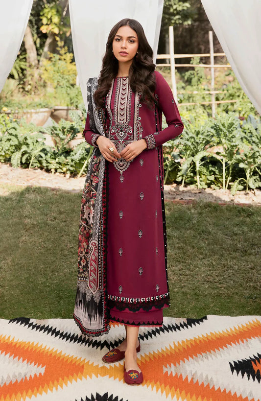 BrandsInn -3PC DHANAK EMBROIDERED SHIRT WITH COUTRAI WOOL PRINTED SHAWL & TROUSER -BI-4123
