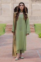 BrandsInn-3PC DHANAK EMBROIDERED SHIRT WITH COURTRAI PRINTED SHAWL & TROUSER-BI-4349