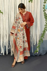 BrandsInn-3PC DHANAK EMBROIDERED SHIRT WITH COUTRAI PRINTED SHAWL AND TROUSER-BI-4120