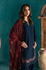 BrandsInn-3PC DHANAK EMBROIDERED SHIRT WITH COURTRAI PRINTED SHAWL & EMB TROUSER-BI-4231