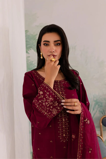 BrandsInn-3PC DHANAK EMBROIDERED SHIRT WITH CHIFFON EMBROIDERED DUPATTA AND TROUSER BI-4198