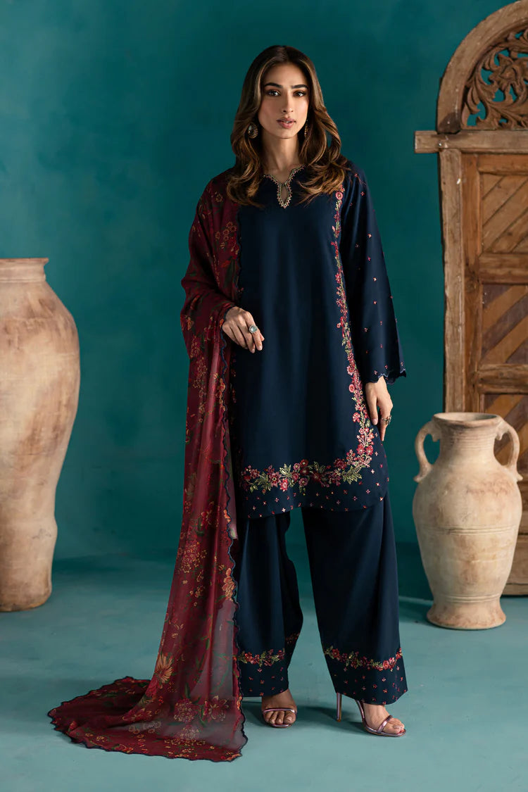BrandsInn-3PC DHANAK EMBROIDERED SHIRT WITH COURTRAI PRINTED SHAWL & EMB TROUSER-BI-4231