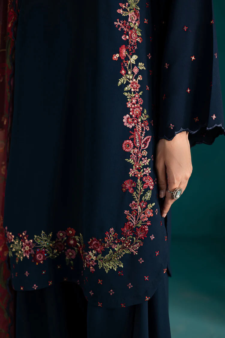 BrandsInn-3PC DHANAK EMBROIDERED SHIRT WITH COURTRAI PRINTED SHAWL & EMB TROUSER-BI-4231
