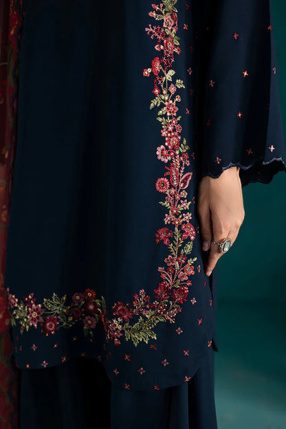 BrandsInn-3PC DHANAK EMBROIDERED SHIRT WITH COURTRAI PRINTED SHAWL & EMB TROUSER-BI-4231