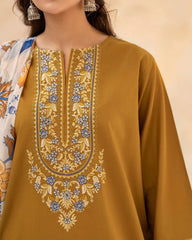 BrandsInn-3PC DHANAK EMBROIDERED SHIRT WITH WOOL PRINT SHAWL AND EMB TROUSER-BI-5070