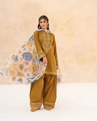 BrandsInn-3PC DHANAK EMBROIDERED SHIRT WITH WOOL PRINT SHAWL AND EMB TROUSER-BI-5070