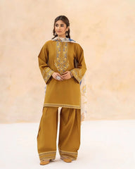 BrandsInn-3PC DHANAK EMBROIDERED SHIRT WITH WOOL PRINT SHAWL AND EMB TROUSER-BI-5070