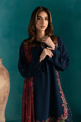 BrandsInn-3PC DHANAK EMBROIDERED SHIRT WITH COURTRAI PRINTED SHAWL & EMB TROUSER-BI-4231