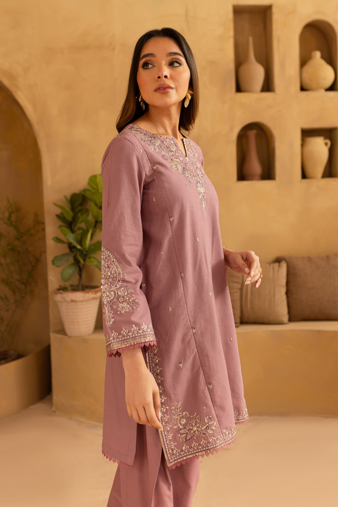 BrandsInn-2PC SEQUIN DHANAK EMBROIDERED SHIRT WITH SEQUIN DHANAK EMBROIDERED TROUSER-BI-4095
