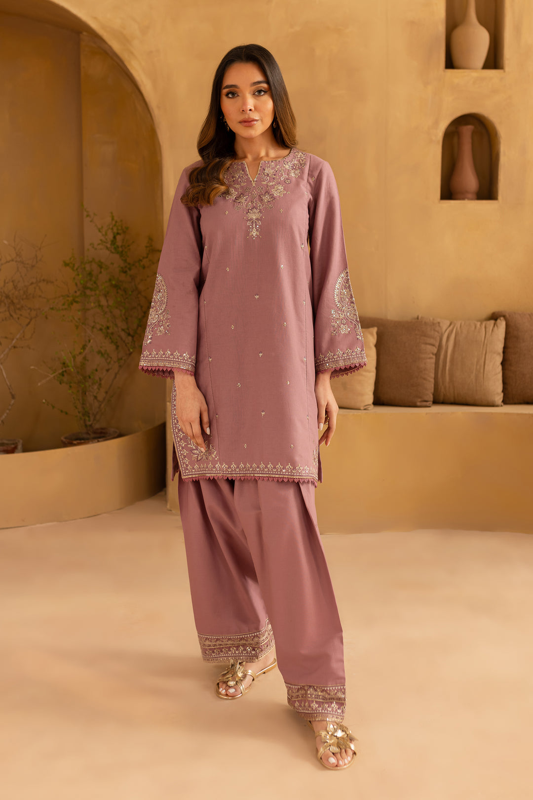 BrandsInn-2PC SEQUIN DHANAK EMBROIDERED SHIRT WITH SEQUIN DHANAK EMBROIDERED TROUSER-BI-4095
