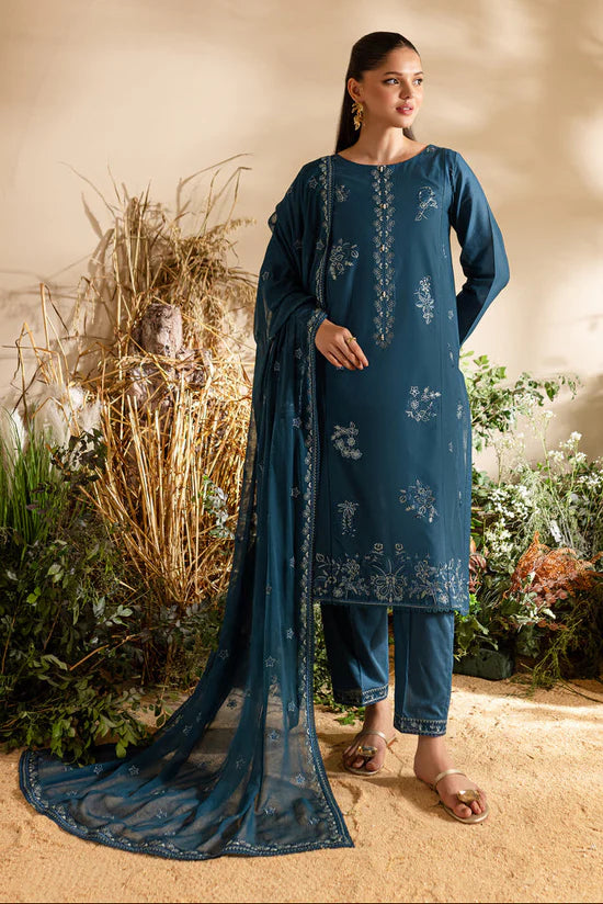 BrandsInn-3PC DHANAK EMBROIDERED SHIRT WITH CHIFFON EMBROIDERED DUPATTA AND TROUSER-BI-4195