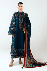 BrandsInn-3PC DHANAK EMBROIDERED SHIRT WITH COUTRAI PRINTED SHAWL AND EMB TROUSER-BI-5172