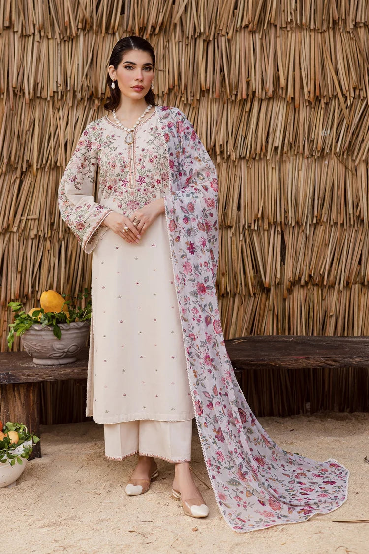 BrandsInn-3PC DHANAK EMBROIDERED SHIRT WITH WOOL PRINTED SHAWL AND EMB TROUSER -BI-5040