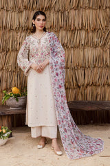 BrandsInn-3PC DHANAK EMBROIDERED SHIRT WITH WOOL PRINTED SHAWL AND EMB TROUSER -BI-5040